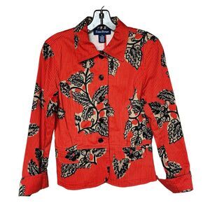 Evan Picone Jacket Blazer Women Size 4 Red Orange Black‎ Floral EUC Cotton Blend